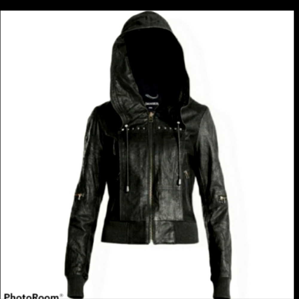 Vintage Y2K Danier Leather Bomber Hooded Jacket Black Sz XXS